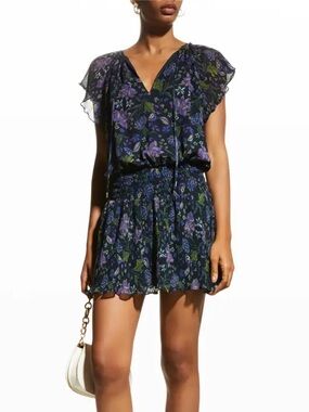 Ramy Brook Milene Pleated Floral Mini Dress Navy Purple Flutter Sleeve - Size L